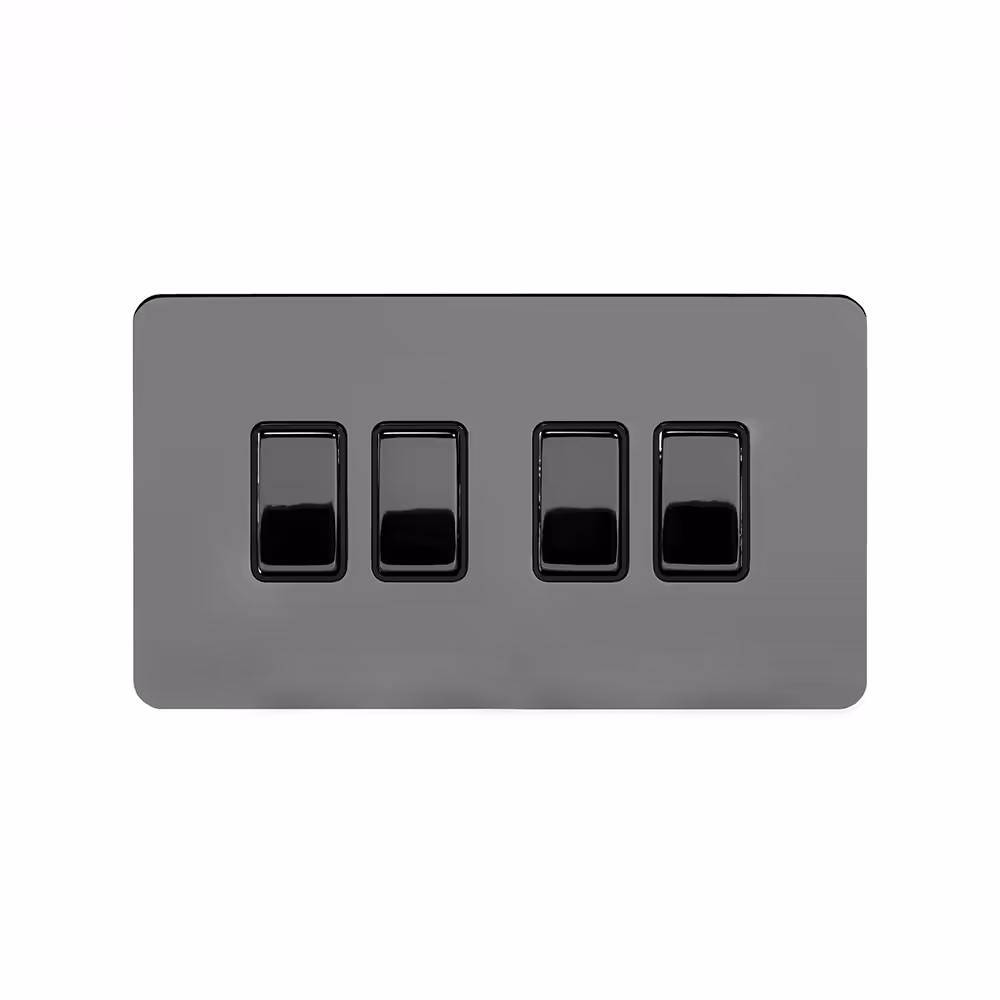 The Connaught Collection Black Nickel Flat Plate 10A 4 Gang 2 Way Switch Blk Ins Screwless